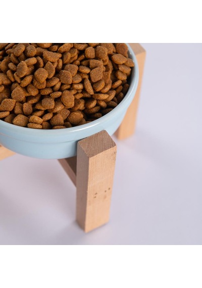 Mavi Ahşap Standlı Seramik Mama/ Su Kabı Kedi Köpek Mama Su Kabı