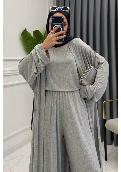 Balenbi Kadın Penye Uzun Hırka Bluz Geniş Paça Pantolon Abaya Takım 1217 Grimelanj