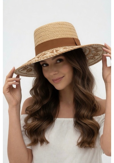 Mollycrush Kadın Luxury Camel Etnik Geometrik Desen Hasır Şapka Plaj Ve Günlük Kullanıma Uygun Model Kahverengi