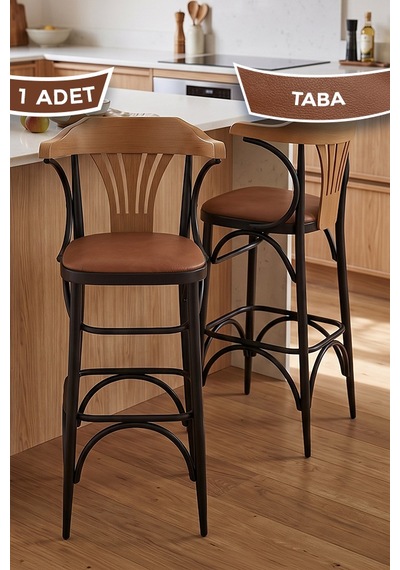 Salex Serisi 1 Adet 75 Cm Mutfak Bar Sandalyesi Suni Deri Kumaş Siyah Metal İskeletli Taba Sandalye Siyah Ayak