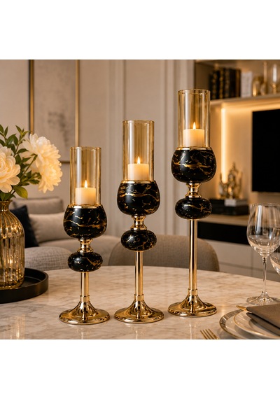 3'lü Siyah Mermer Desenli Gold Metal Dekoratif Cam Mumluk Şamdan