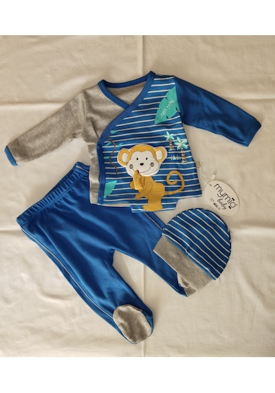 Erkek Bebek Üçlü Zıbın Takım Maymun Açık Mavi - Gri