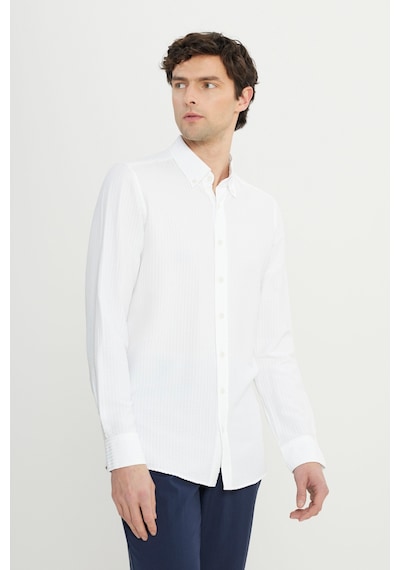 AC&Co / Altınyıldız Classics Erkek Beyaz Slim Fit Dar Kesim Düğmeli Yaka Armürlü Gofre Desenli Gömlek Beyaz