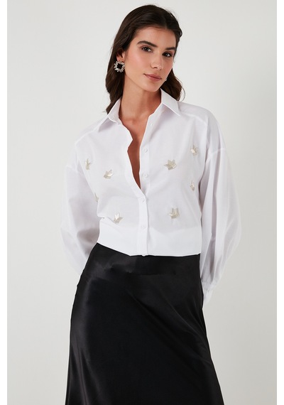 Lela Taş Detaylı Regular Fit Bayan Gömlek 611Go00417 Ekru