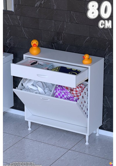 Emir 80 Cm 2 Gözlü Kirli Çamaşır Sepetli Ve Çekmeceli Çok Amaçlı Banyo Dolabı 80 Cm