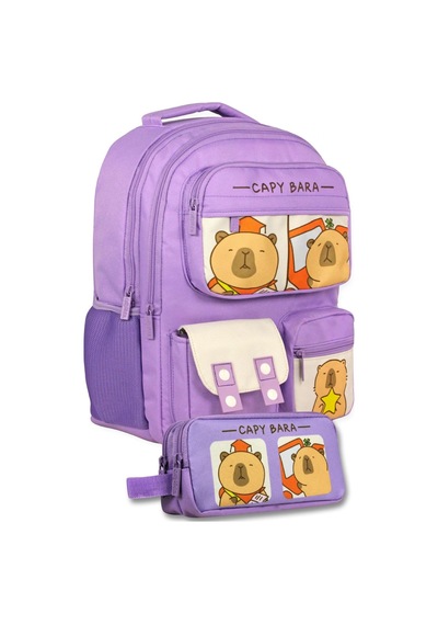 Capybara Lila Kız Çocuk Çok Cepli İlkokul Çantası Ve Kalemlik Seti - Setcpb6215c
