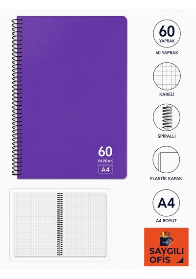Saygılıofis 60 Yaprak A4 Spiralli Pp Kapak Kareli Defter Mor