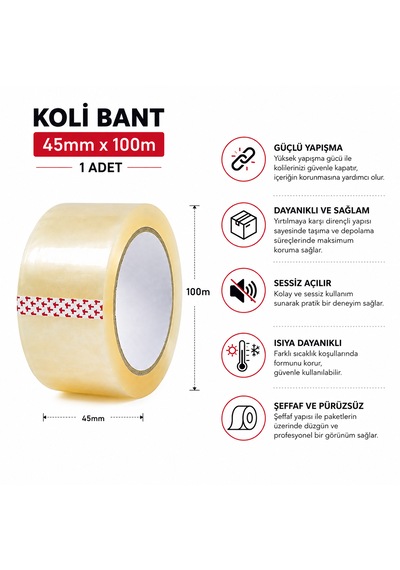 45x100 M Şeffaf Koli Bandı Güçlü Yapışkan Ambalaj Ve Paketleme Bandı 1 Adet