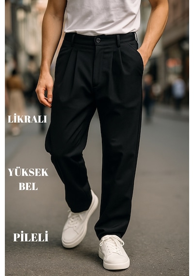 Cedy Denim Yüksek Kalite Erkek Yüksek Bel Pileli Baggy Chino Pantolon C358 Siyah