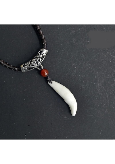 Doğal Tibet Beyaz Kurt Dişi Kolye Ayarlı Örgü Ipli Metal Charm Bo Bronz