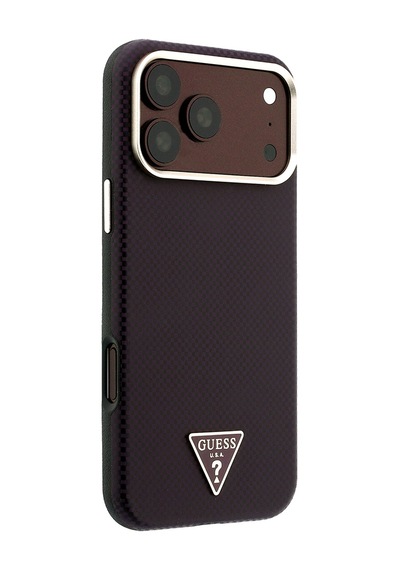 Apple iPhone Uyumlu 18 Pro Max Kılıf Guess Lisanslı M-safe Pu Metal Üçgen Logolu Karbon Fiber Kevlar Kapak Bordo