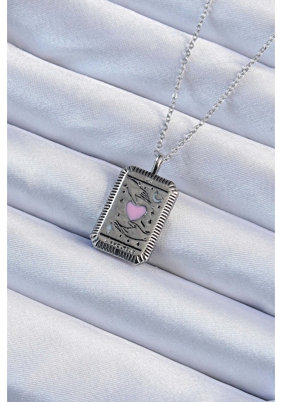 316l Çelik Zincir Eskitme Gümüş Renk Pembe Mineli Kalp Figürlü Tarot Ke Çok Renkli