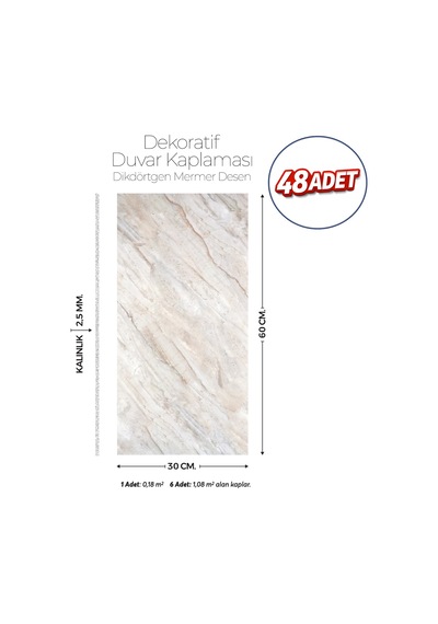 30x60 Cm Kendinden Yapışkanlı Duvar,banyo,tezgah Arası Bej Mermer Desen-48 Adet 30 X 60 Cm