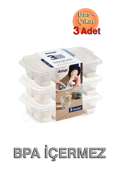 Mini Kapaklı Silikon Buz Kalıbı, Bas - Çıkar Üçlü Set Bej