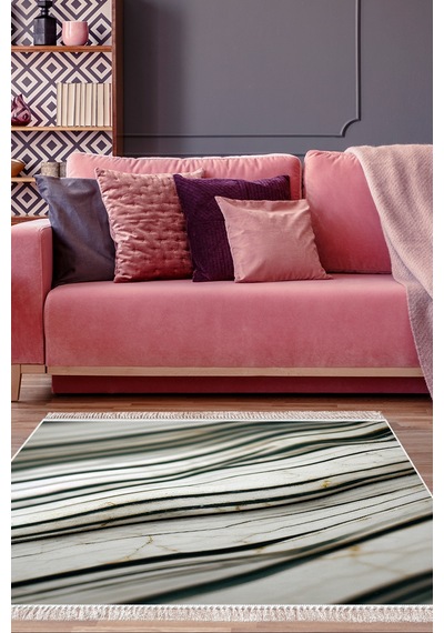 Alanur Home Kaymaz Dijital Mutfak & Salon Halı Star Pamuk Saçaklı Mermer E5032 Beyaz