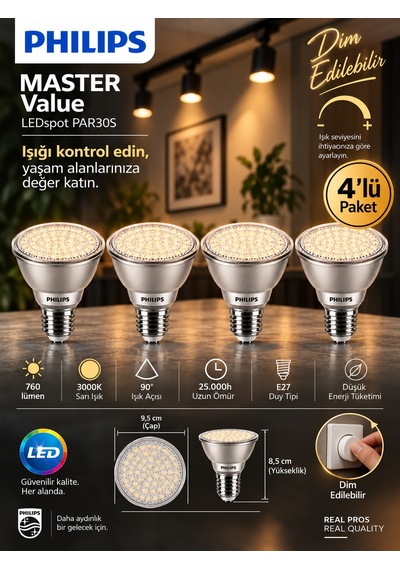 4 Adet Philips 9.5w 3000k Sarı Işık E27 Duylu 760 Lümen Dim Edilebilir Par30 Ampul