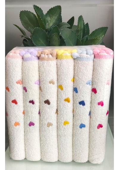 Annem 30x50 Cm. Çeyizlik 6'lı Set Kalp Nakışlı Ponponlu Bukle Lüks Havlu Seti Çok Renkli