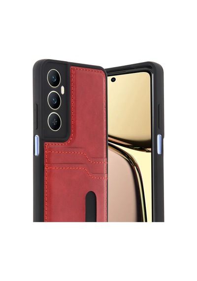 Realme C65 Uyumlu Deri Kartvizitli Kartlıklı Premium Telefon Kılıfı Kapak Kırmızı