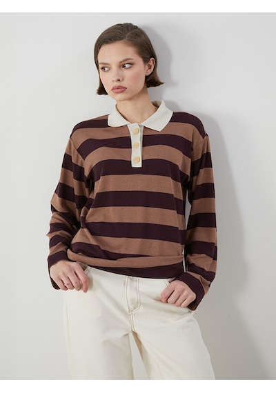 Lcwaıkıkı Classic Bordo Polo Yaka Çizgili Kadın Tişört