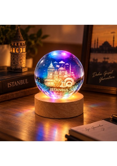 Ahşap Tabanlı Led Işıklı Cam Küre Dekoratif Gece Lambası Rgb & Gün Işığı Çok Renkli