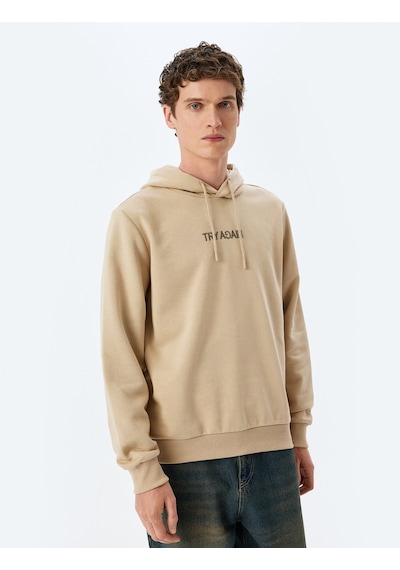 Koton Slogan Baskılı Pamuk Karışımlı Şardonlu Kapşonlu Sweatshirt Bej 5wam70242mk Ekru