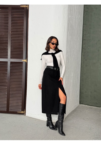 Verymoda Fitilli Kadife Etek F2033 Siyah