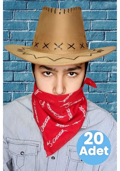 Uniquetrenders Çocuk Unisex Bandanalı 20'li Nubuk Kovboy Şapkası 8-14 Yaş Cappuccino 5
