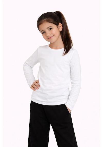 Kız Çocuk Basic Uzun Kollu Tişört Okul Günlük Rahat T-shirt - Beyaz Çok Renkli