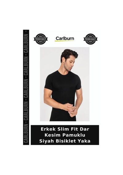 Carlburn Özel Üretim Erkek Slim Fit Dar Kesim Pamuklu Siyah Bisiklet Yaka Rahat Tasarım Sade