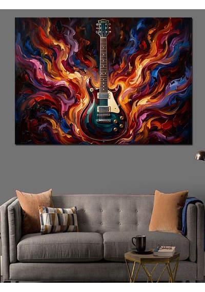 Alevler İçinde Elektro Gitar Sanatı Dekoratif Kanvas - Mdf Ahşap Tablo