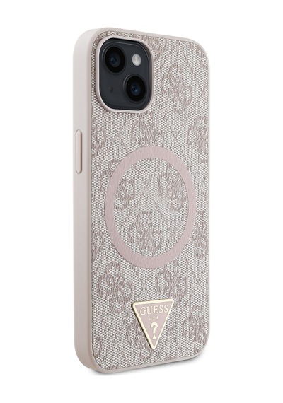 Apple Uyumlu iPhone 14 Kılıf Guess Lisanslı Magsafe Şarj Özellikli Pu Üçgen Logo 4g Desenli Kapak Pembe