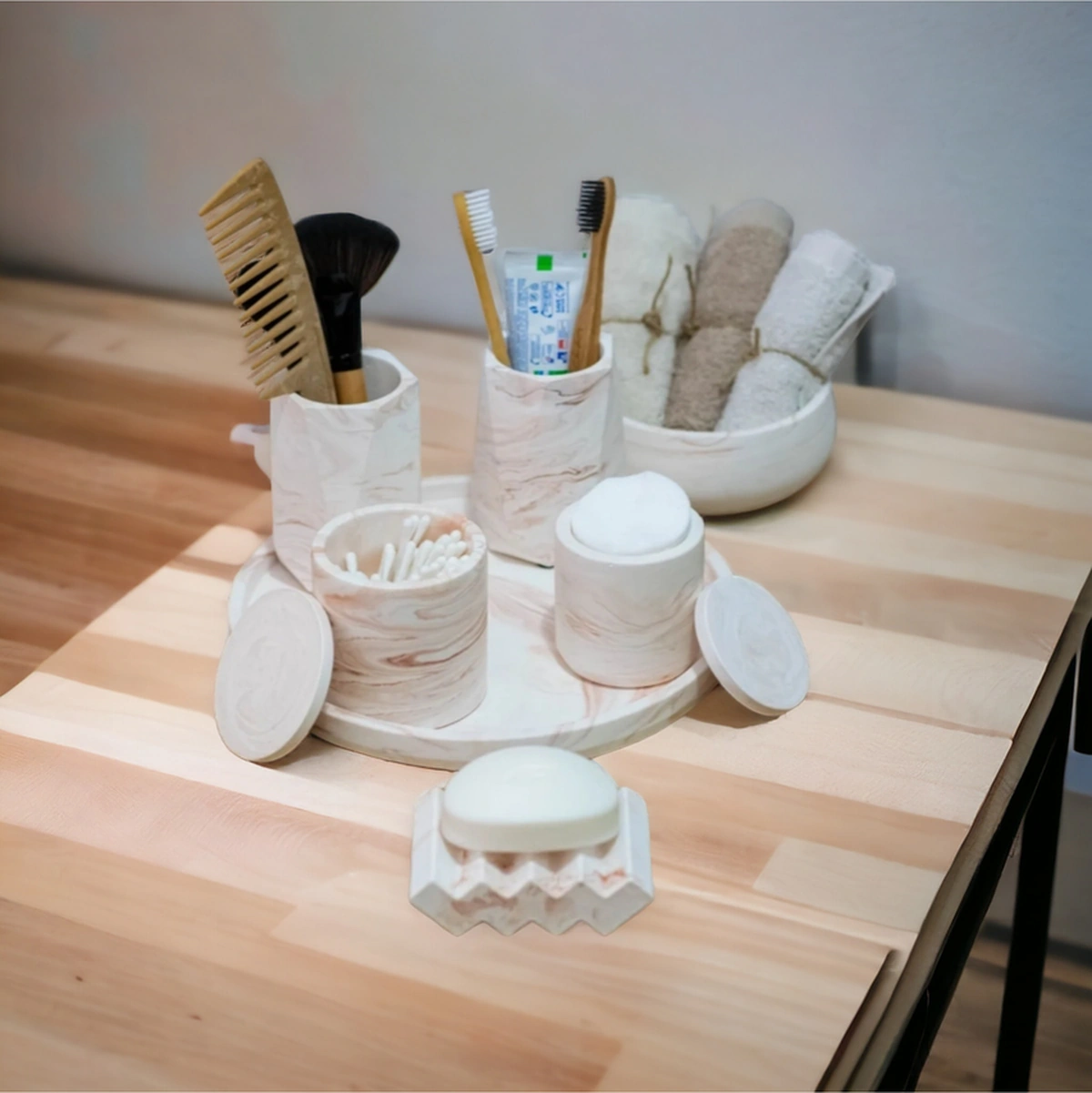 Marble Turuncu Serisi Tepsili Beton Banyo Seti,pamukluk,havluluk Ve Sabunluk Set Gri