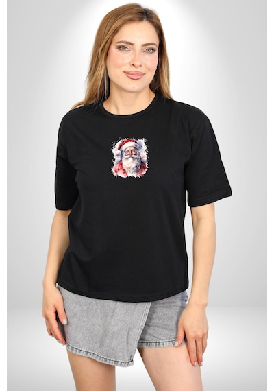 Mutlu Noel Baba Yeni Yıl Tasarımı Siyah Oversize Unisex Ön Orta Minimal Baskılı Tişört Siyah