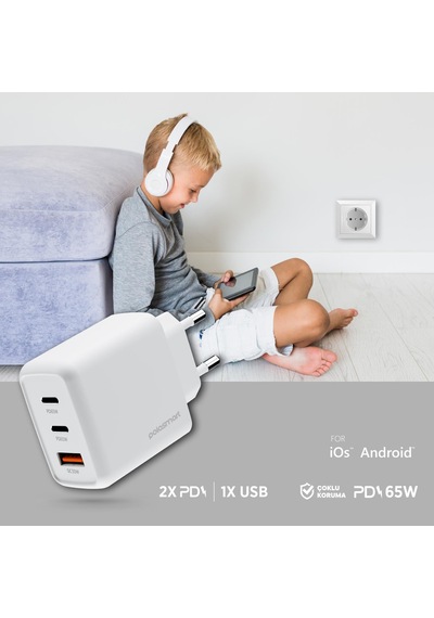 Polosmart Pbs135 65w Pd Hızlı Şarj Adaptörü 2 Type-c + Usb Çıkış 3 Port Güvenli Şarj Beyaz