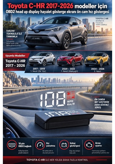 Toyota C-hr 2017-2026 Modeller İçin Obd2 Head Up Display Hayalet Gösterge Ekranı Ön Cam Hız Göstergesi