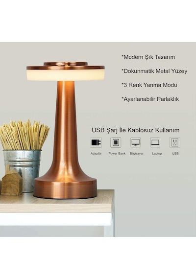 Hymark Retro Şarjlı Dekoratif Dokunmatik Metal Masa Lambası 3 Ren