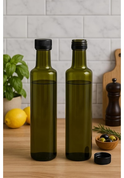 2 Adet Yeşil 500 Ml Kilitli Kapaklı Yağ Sirke Şişesi Yağlık Zeytinyağ Sıvıyağ Şeffaf Cam Yağdan