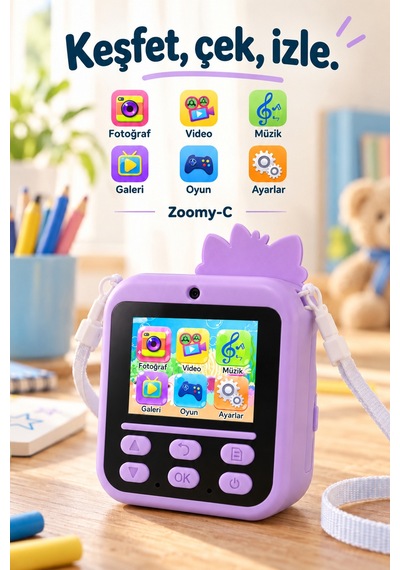 Kj/zm-001 Zoomy-c Kedi Figürlü Anında Baskılı Çocuk Fotoğraf Makinesi, Çift Kamera, 2,4 İnç Ekran, 1080p Video, 3+ Yaş Mor