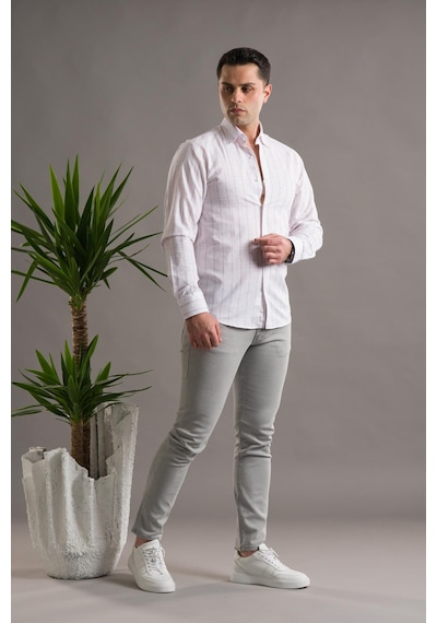 Evrytime Slimfit Pamuklu Çizgili Yaka Düğmeli Uzun Kol Erkek Yazlık Gömlek 001