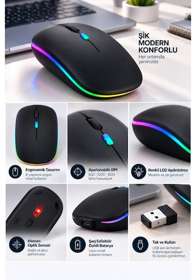 Ofis Ev Okul Kullanımına Uygun Şarjlı Kablosuz Mouse Najmaddin