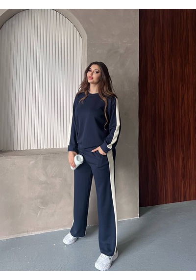 Fonna Fashion Tk-3038 Bayan Eşofman Takım Garnili- Bisiklet Yaka Lacıvert
