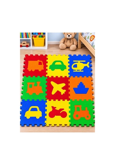 Eğitici Taşıtlar Çıkarılabilir Parçalı Bebek Oyun Matı 9 Parça Modüler Yapılı 90 X 90 Cm Oyun Halısı