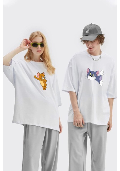 Unisex Kadın Erkek Tom Ve Jerry Baskılı Sevgili Çift Kombini Tasarım Oversize T-shirt 2'li Set Beyaz Mck1954 Beyaz