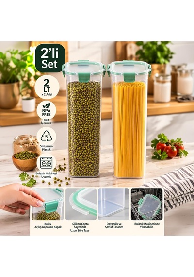 Tr 02 2003 Tower 2'li Kare Silikon Contalı Sızdırmaz Kilitli Saklama Kabı Seti 2 Lt Derin Erzak Saklama Kabı Genel
