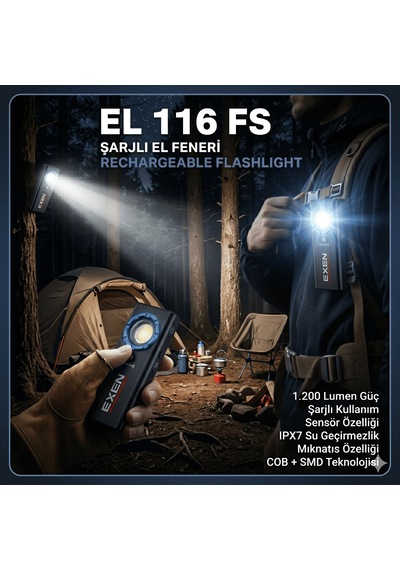 Exen El 116 Fs - 3.7v 2ah 1.200 Lümen Şarjlı Slim Tip El Feneri