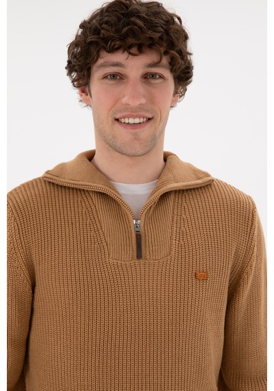 U.S. Polo Assn. Erkek Regular Fit Yarım Fermuarlı Camel Kazak 50297047-VR015