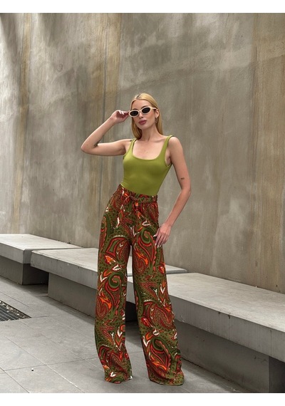 Mamayaga Kadın Yüksek Bel Kuşaklı Desenli %100 Viscose Pamuk Geniş Paça Şık Casual Büyük Beden Curve Pantolon Haki