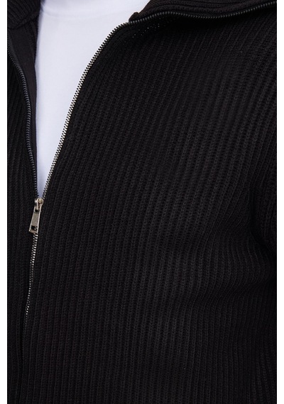 Tudors Erkek Slim Fit Dik Yaka Fermuarlı Siyah Düz Hırka-41798 Siyah