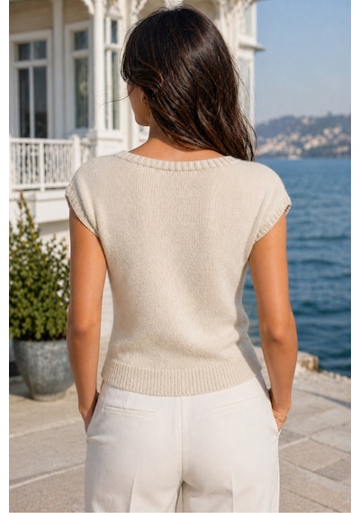 Aqefashion Kadın Kayık Yaka Kolsuz Pamuklu Boyu Ayarlanabilir Lastikli Rahat Yumuşak Crop Bej Triko Bluz
