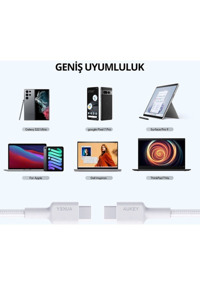 Aukey Cb-cd45-wh Pd Naylon Örgülü Type-c Type-c Şarj Kablosu 0.9m